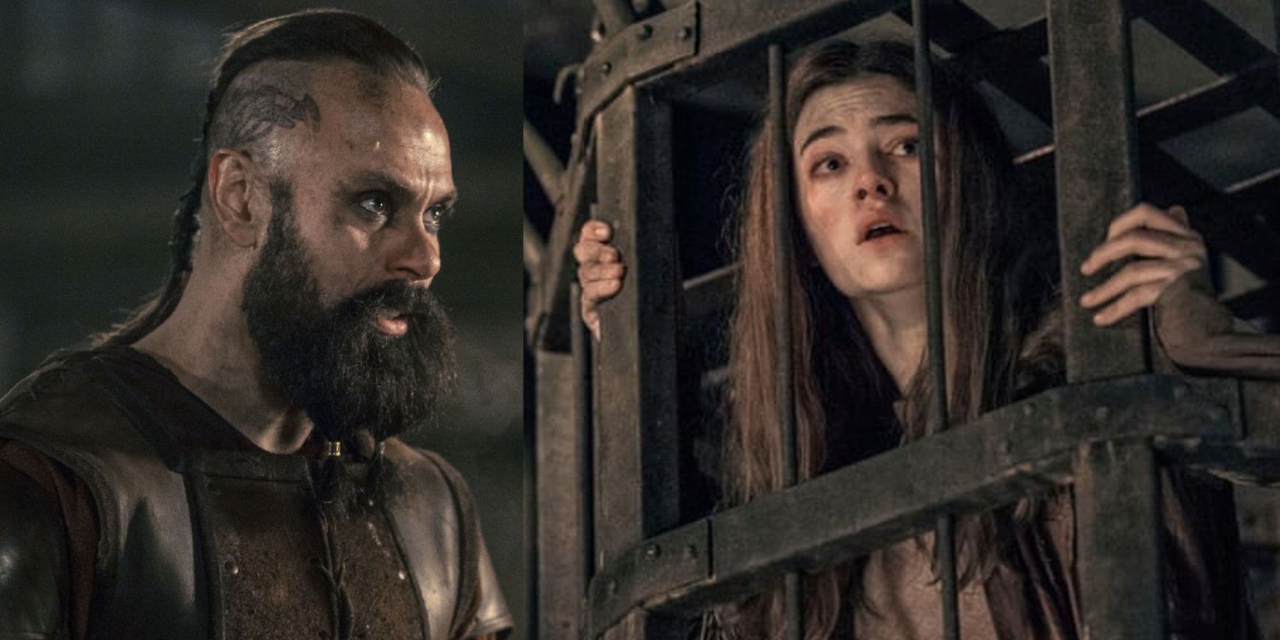 Split image of Sigefrid and Aethelflaed in a cage in The Last Kingdom
