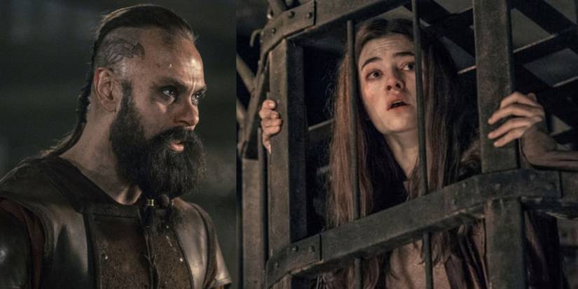 Split image of Sigefrid and Aethelflaed in a cage in The Last Kingdom