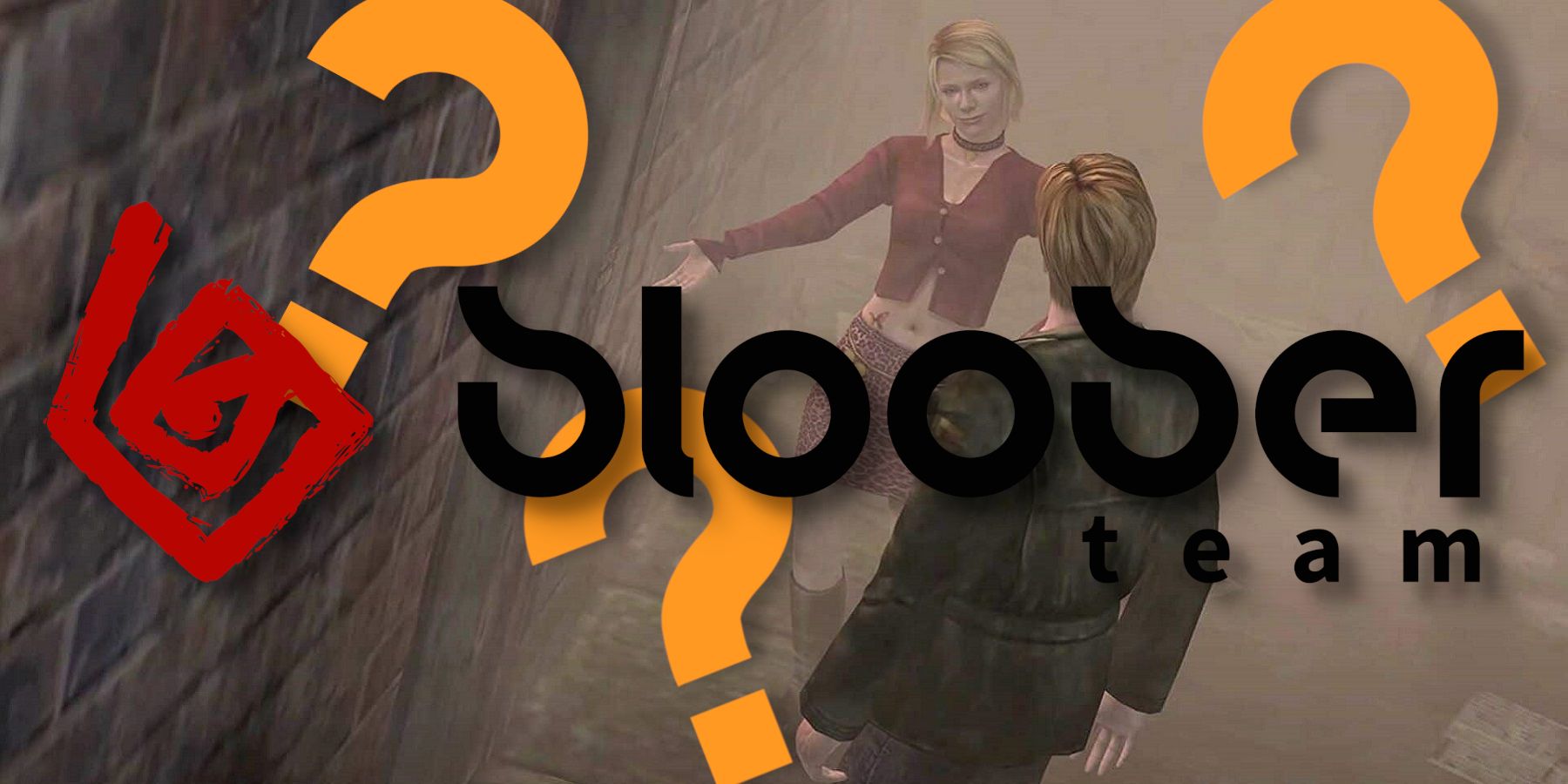 Image from Silent Hill 2 with the Bloober Team logo in front and some question marks dotted around.