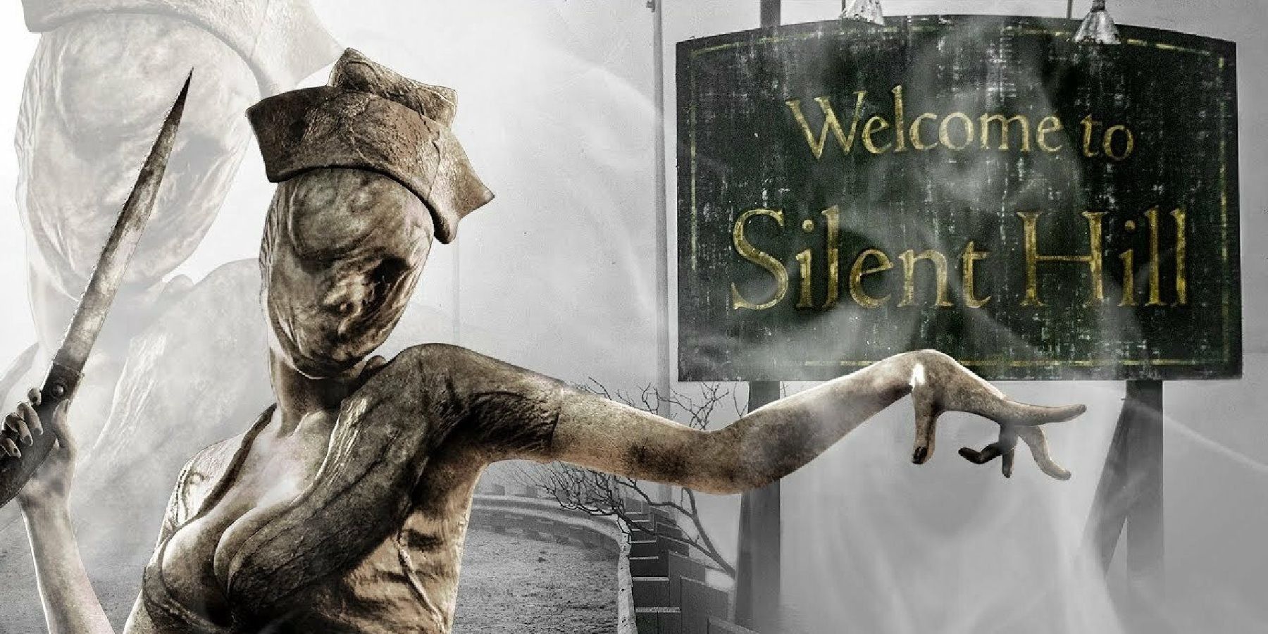 Image from Silent Hill showing a nurse in front of the town's welcome sign.