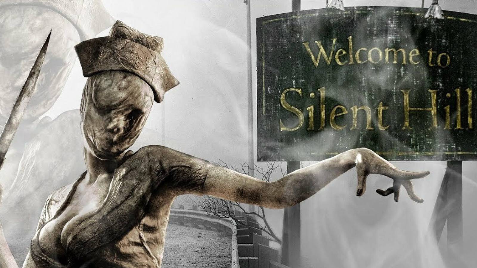 Image from Silent Hill showing a nurse in front of the town's welcome sign.