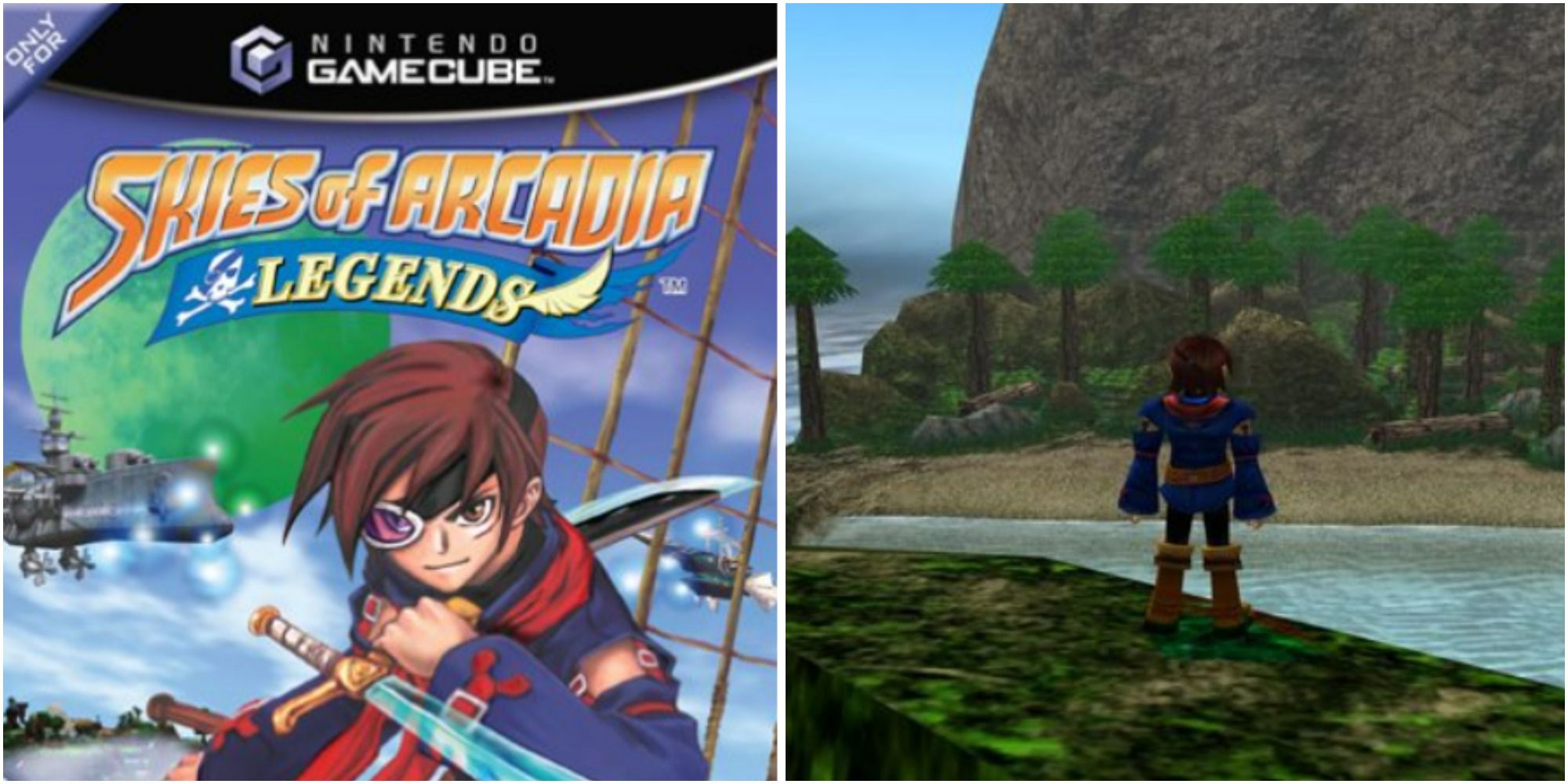 skies of arcadia legends vyse character with sword and skyship and vyse exploring an island area featured