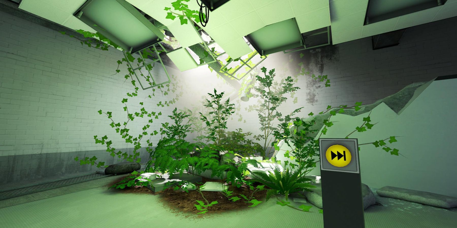 a room that has partially collapsed. Vegetation has grown in the corner where the ceiling is open to the sky. In front of the plants is a small post with a yellow button on it with two arrows pointing right toward a single line