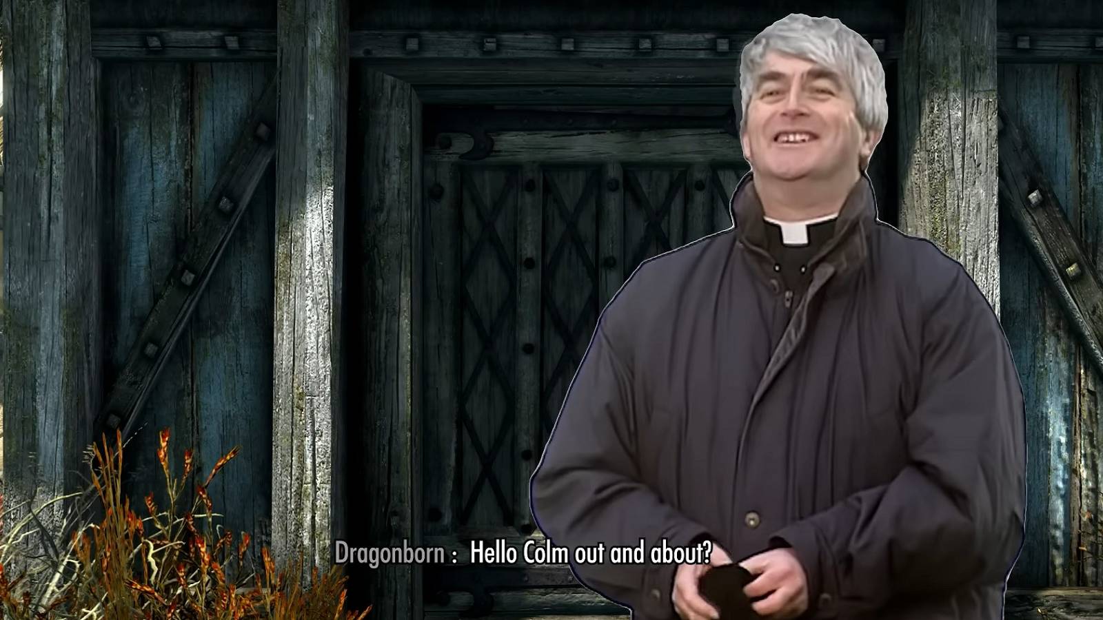 Image from a mashup showing Father Ted Crilly in front of a home in Skyrim.