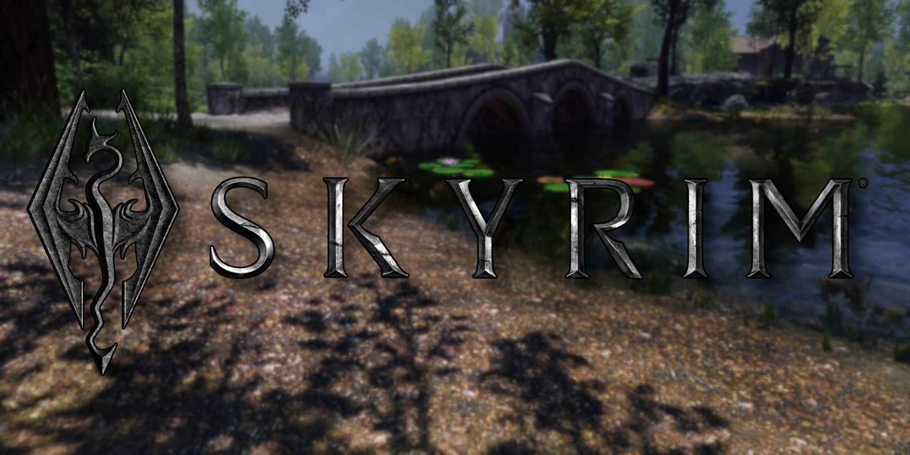 The Skyrim logo with a gorgeous image of a bridge in the background.