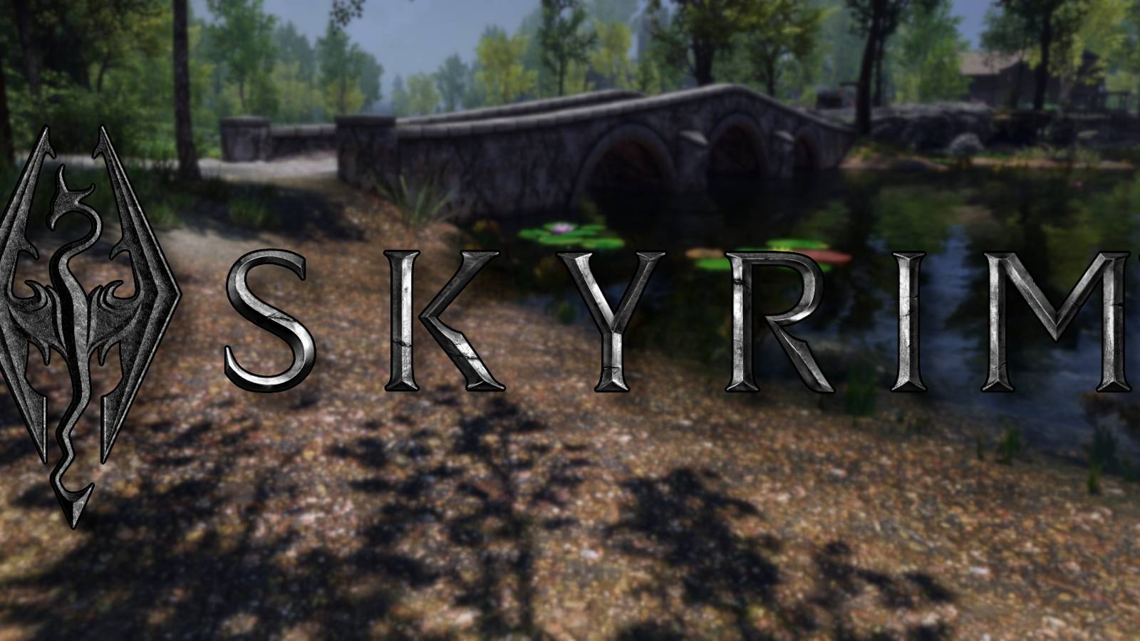 The Skyrim logo with a gorgeous image of a bridge in the background.