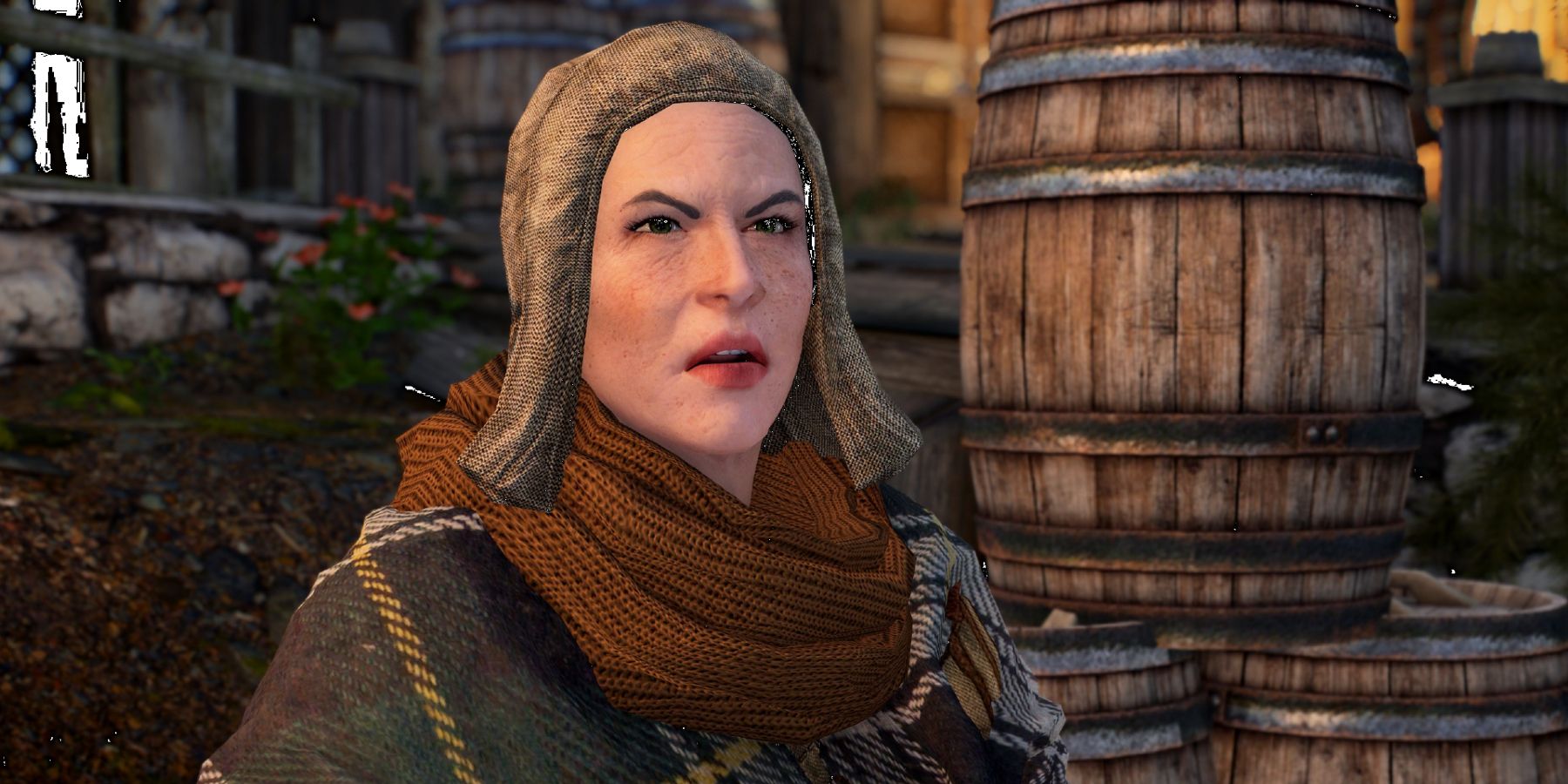 Screenshot from Skyrim showing a female NPC looking a little angry at the player.