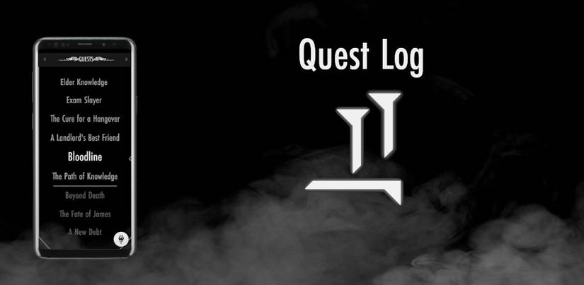 Image from the Skyrim-inspired app "Quest Log," shoing that uses the game's font and background loading screen fog.