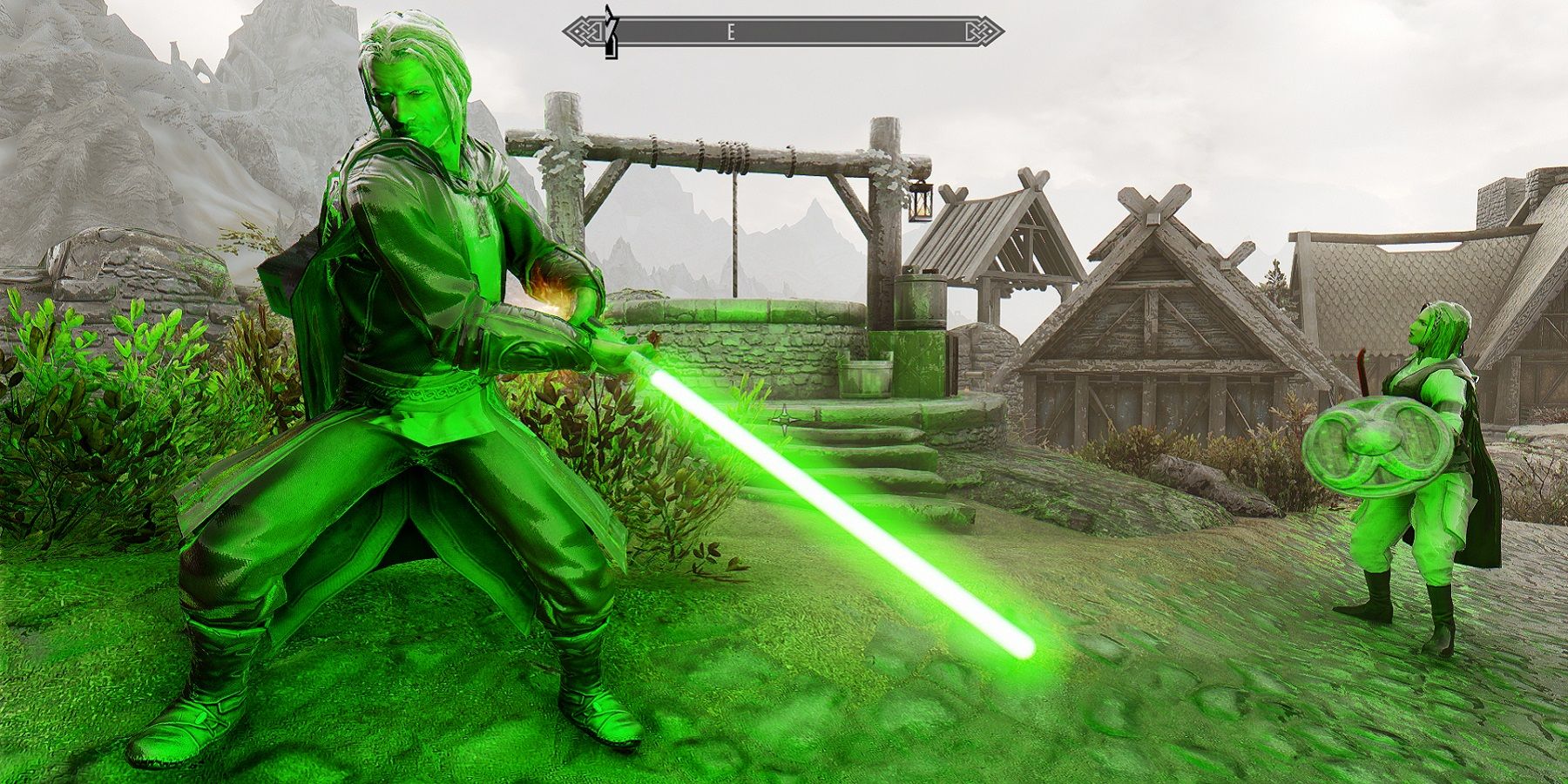 Image from a Skyrim mod showing a character wielding a Star Wars lightsaber.