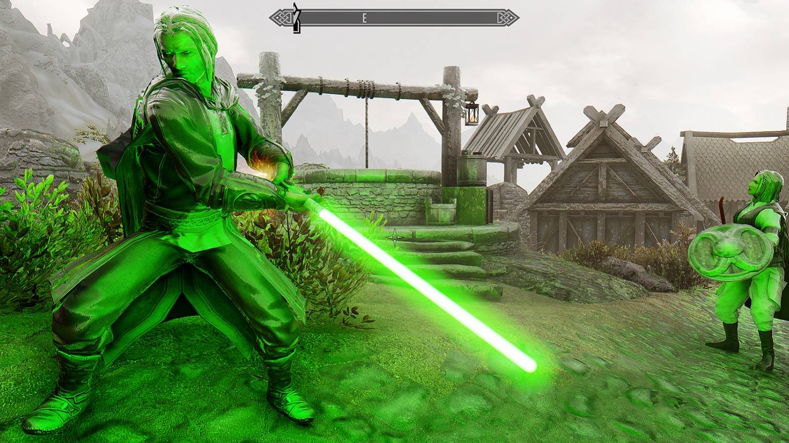 Image from a Skyrim mod showing a character wielding a Star Wars lightsaber.