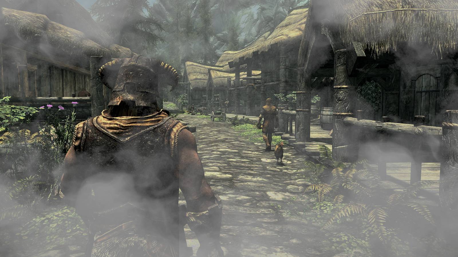 Image from The Elder Scrolls 5: Skyrim showing the player walking through a very foggy Whiterun.