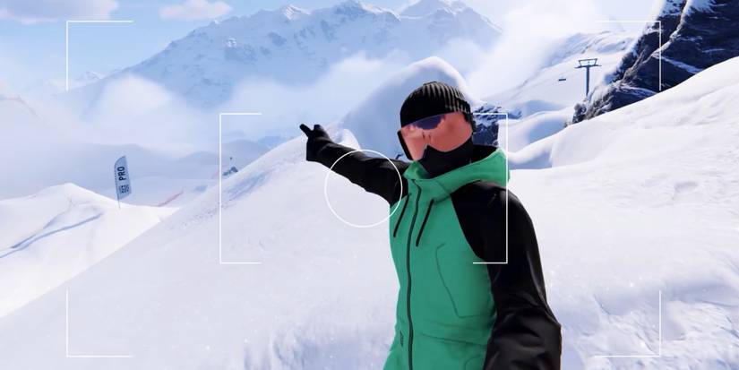 snowboarding character on camera in shredders