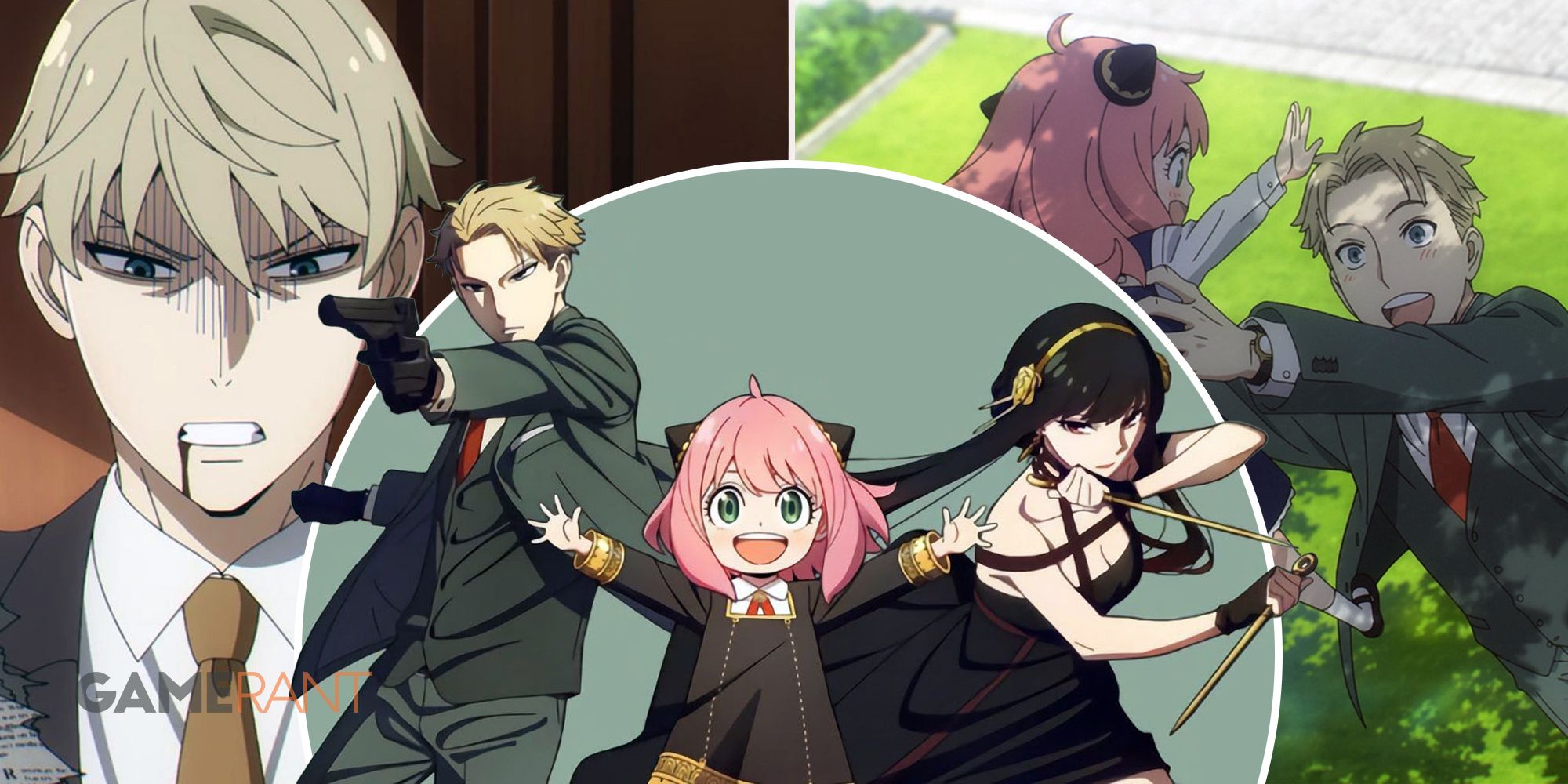 Spy x Family Loid Forger with blood on his mouth on left, Loid, Anya, and Yor in middle, Loid holding Anya in the air smiling on right
