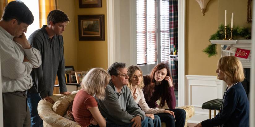 Candace (Rosemarie DeWitt) questions Michael (Colin Firth) about Kathleen's death in The Staircase