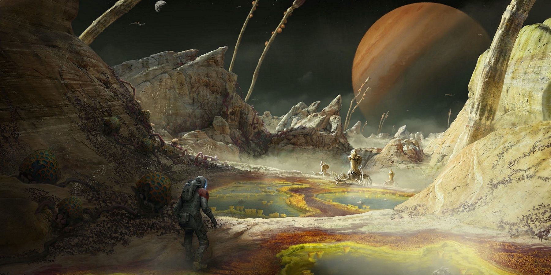 Starfield concept art showing an astronaut on an arid planet.