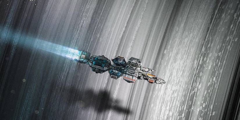 Starfield concept art showing a spaceship flying above a planetary ring.