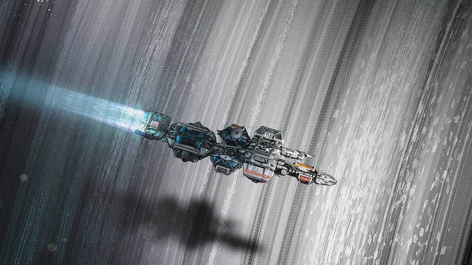 Starfield concept art showing a spaceship flying above a planetary ring.