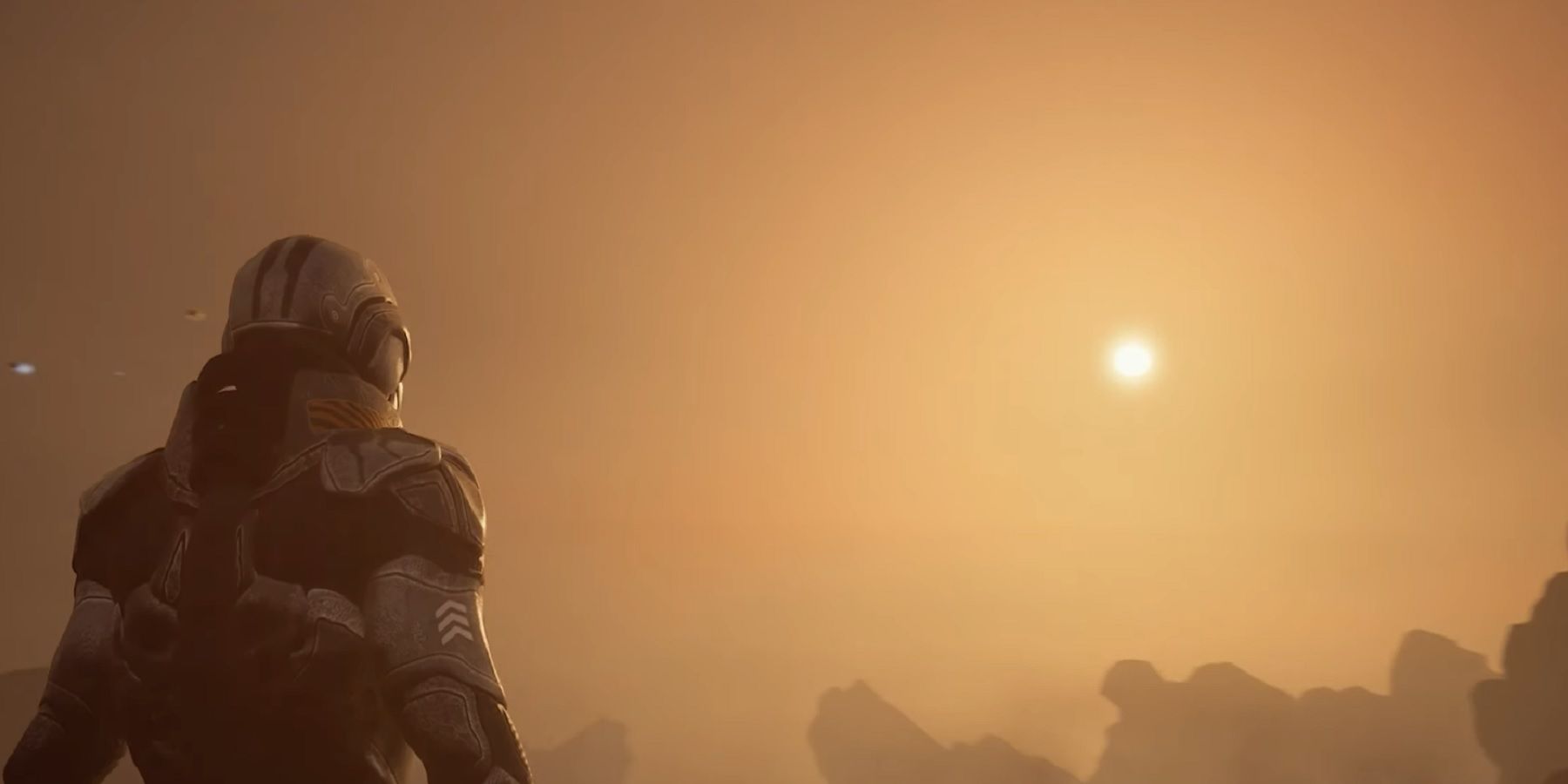 Image from a fan-made Starfield trailer showing an astronaut looking up at a small sun.