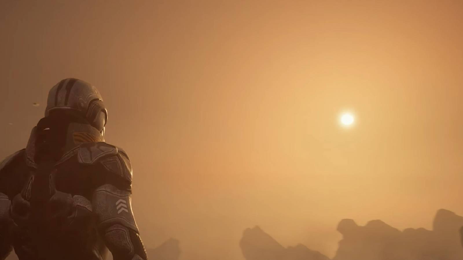Image from a fan-made Starfield trailer showing an astronaut looking up at a small sun.