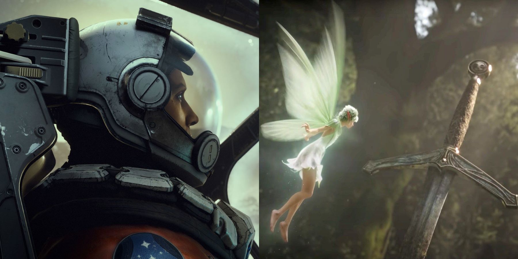 An astronaut in Starfield and the fairy from Fable's announcement trailer