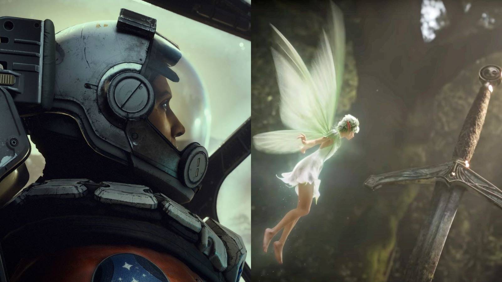 An astronaut in Starfield and the fairy from Fable's announcement trailer