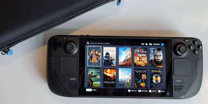 A photo of a Steam Deck next to an official carry case.