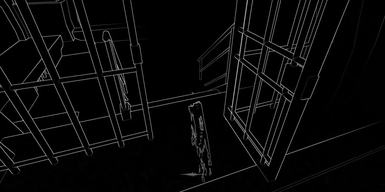Геймплей Stifled показывает белый контур комнаты, по которой ходит игрок.