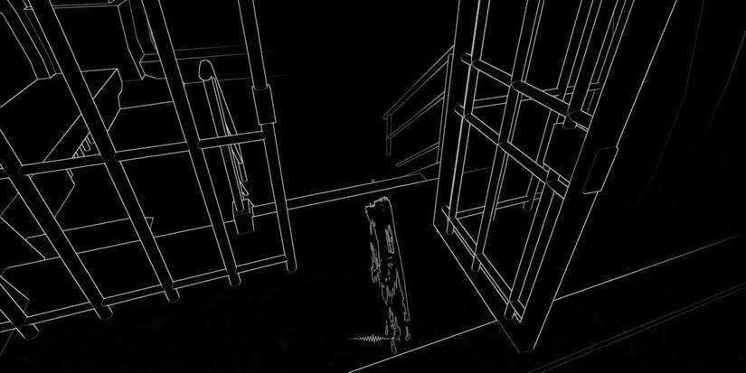 Gameplay from Stifled, it shows the white outline of room the player walks around