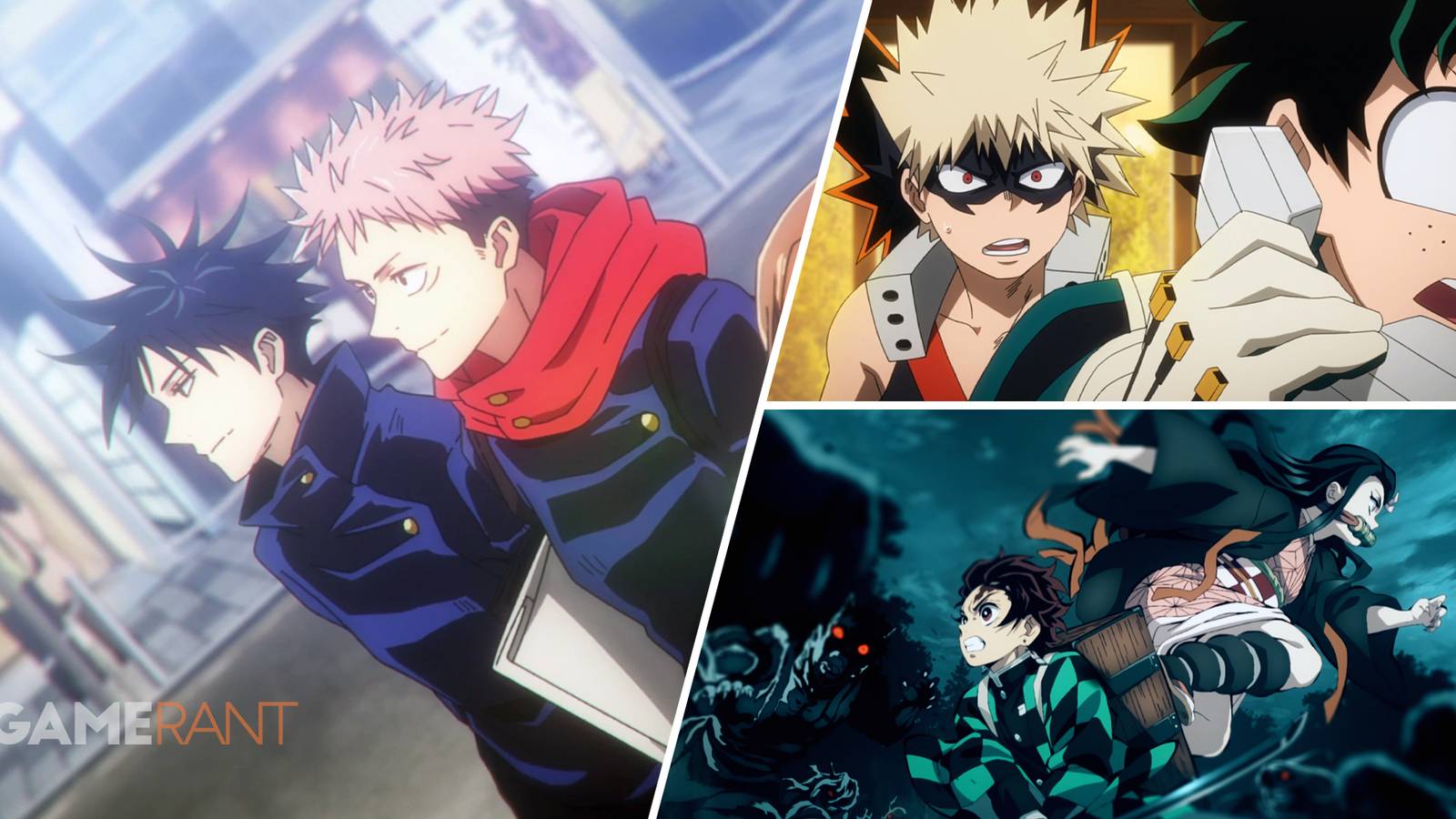 Itadori And Megumi From Jujutsu Kaisen on left, ​​​​​​Bakugo And Midoriya From My Hero Academia on top right, Tanjiro And Nezuko From Demon Slayer on bottom right