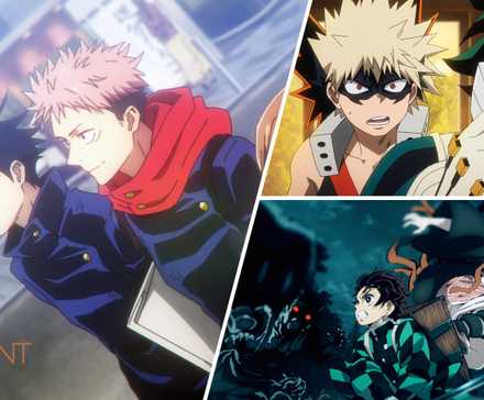 Itadori And Megumi From Jujutsu Kaisen on left, Bakugo And Midoriya From My Hero Academia on top right, Tanjiro And Nezuko From Demon Slayer on bottom right