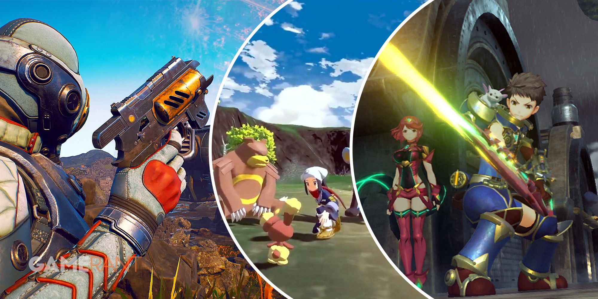 The Outer Worlds character with a gun on left, Pokémon Legends: Arceus character with Pokemon in middle, Xenoblade Chronicles 2 characters fighting on right
