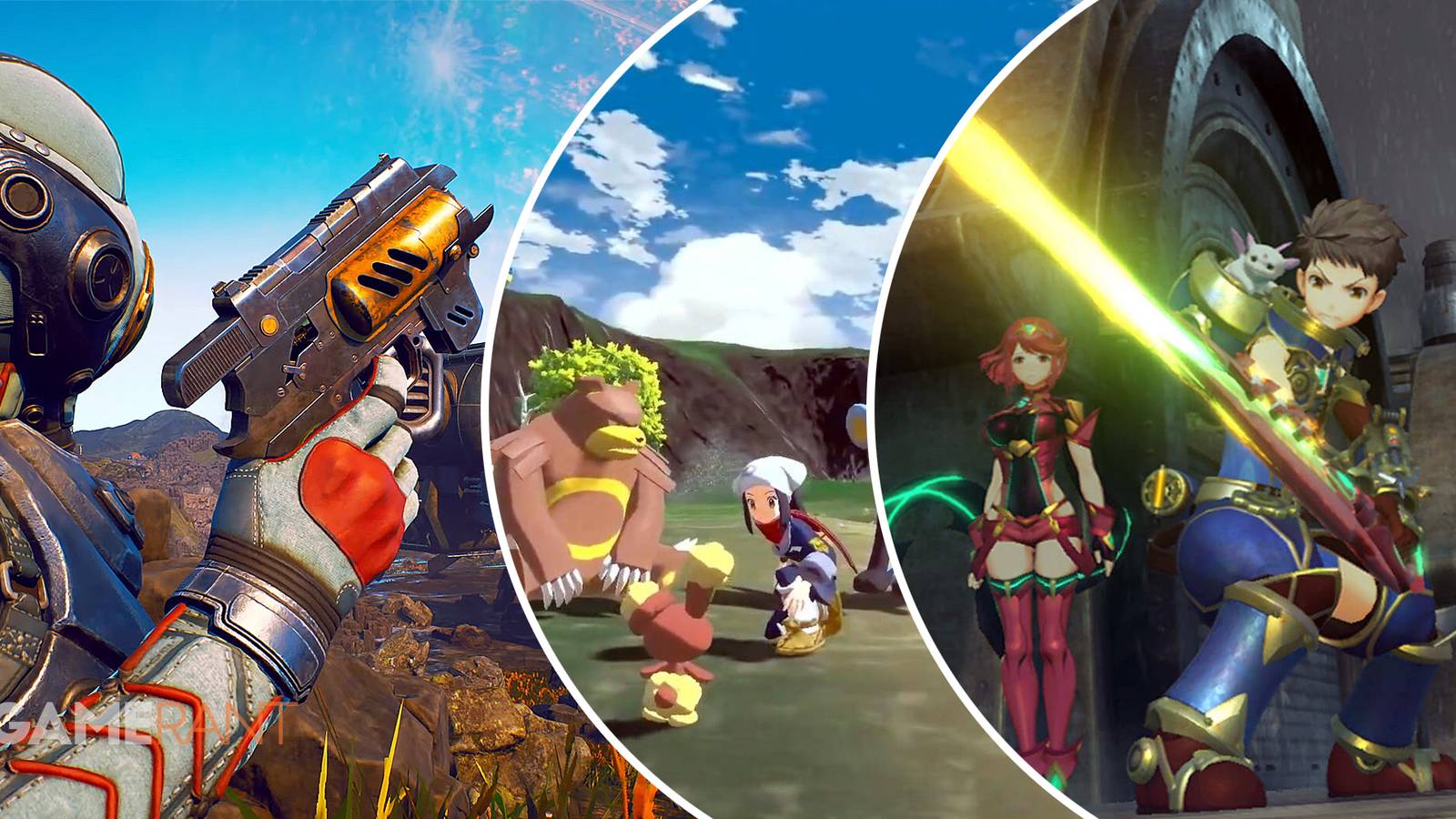 The Outer Worlds character with a gun on left, Pokémon Legends: Arceus character with Pokemon in middle, Xenoblade Chronicles 2 characters fighting on right