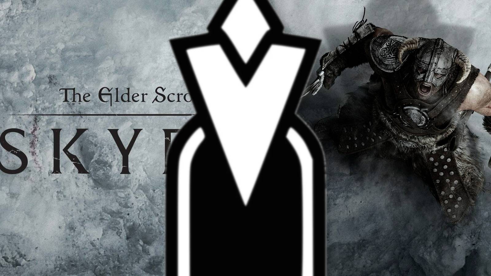 Image from Skyrim showing the quest marker looming above the Dragionborn.