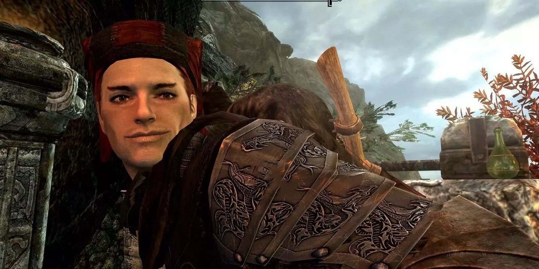 Image from The Elder Scrolls 5: Skyrim showing a more handsome version of The Darkbrotherhood's Cicero.