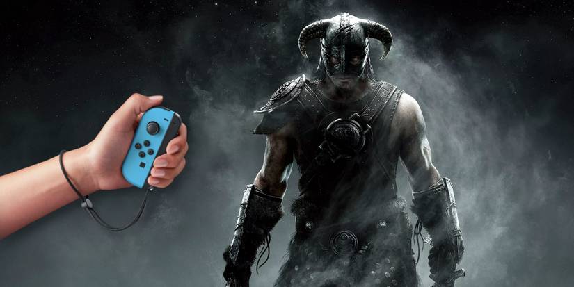 Image from Skyrim showing the Dragonborn and a hand to one side that's holding a Nintendo Switch joycon.