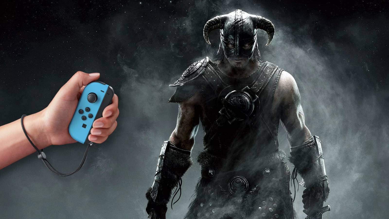 Image from Skyrim showing the Dragonborn and a hand to one side that's holding a Nintendo Switch joycon.