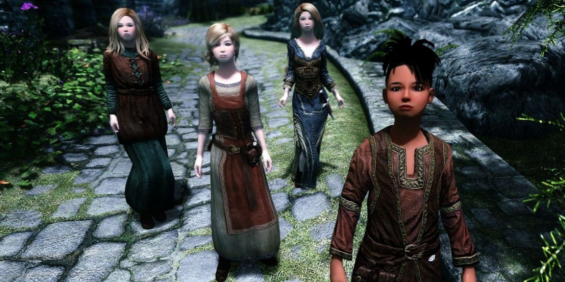 An image from Skyrim showing a bunch of children standing in the street.