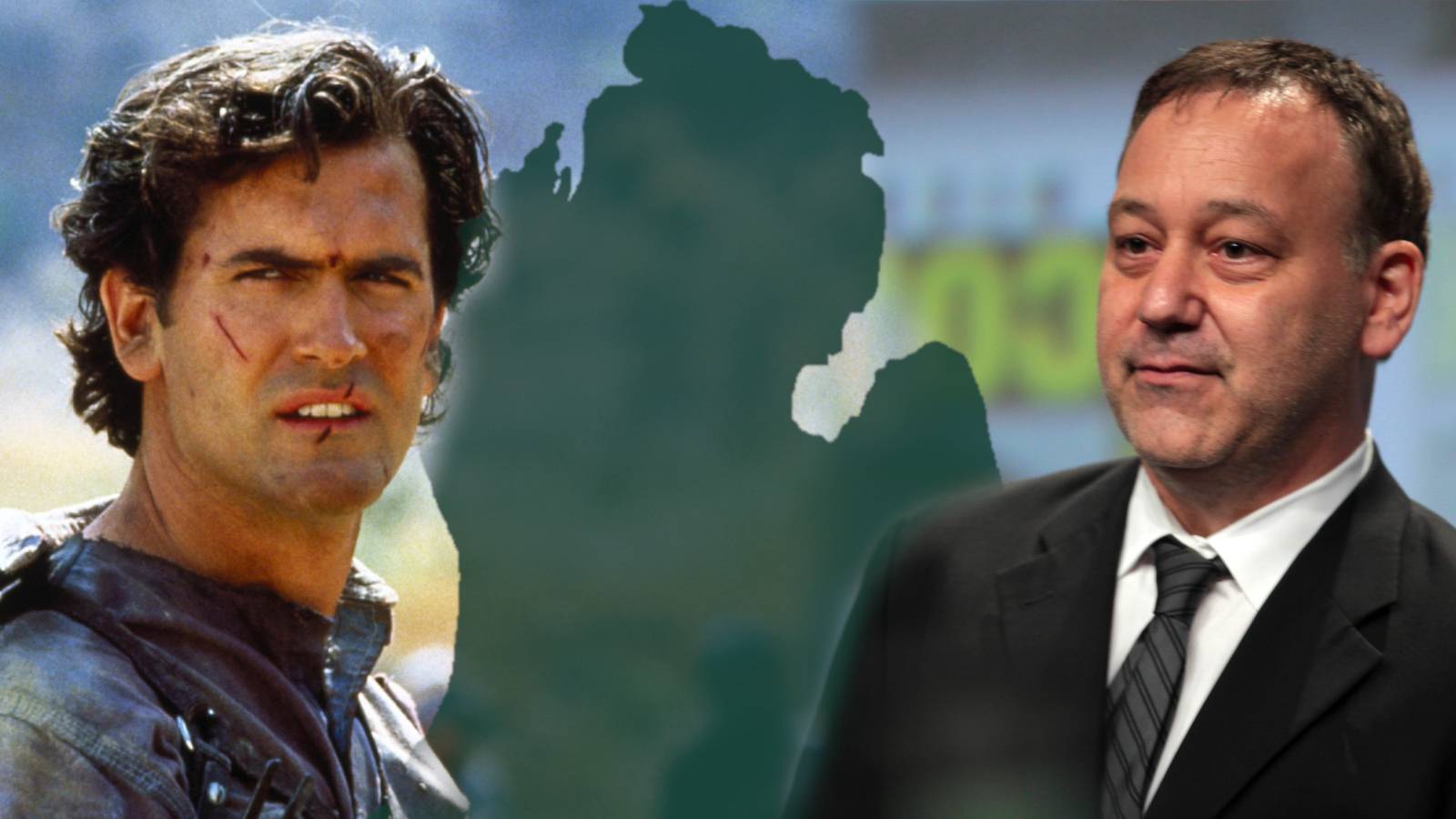 Bruce Campbell as he appears in Army of Darkness and Sam Raimi during a Comic Con appearance stand in front of a silhouette of Michigan.
