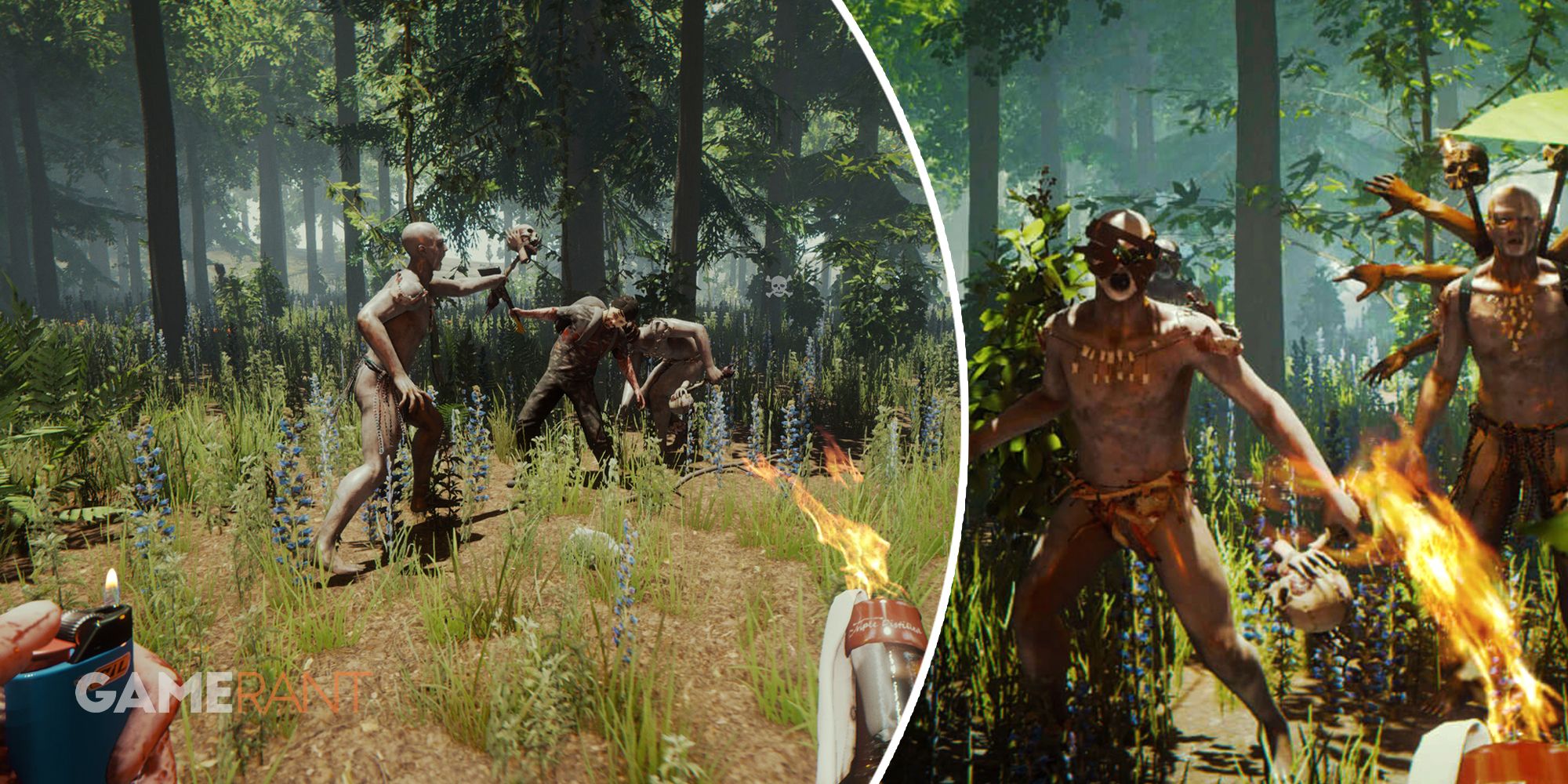 The Forest player holding a lighter and fire while fighting enemies on left, enemies on right