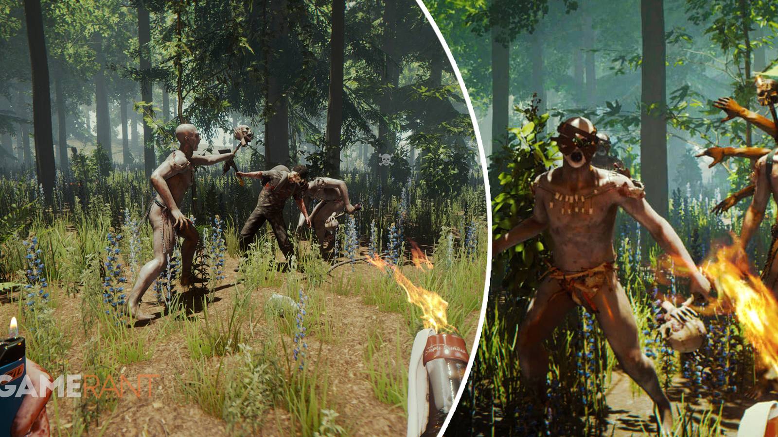 The Forest player holding a lighter and fire while fighting enemies on left, enemies on right