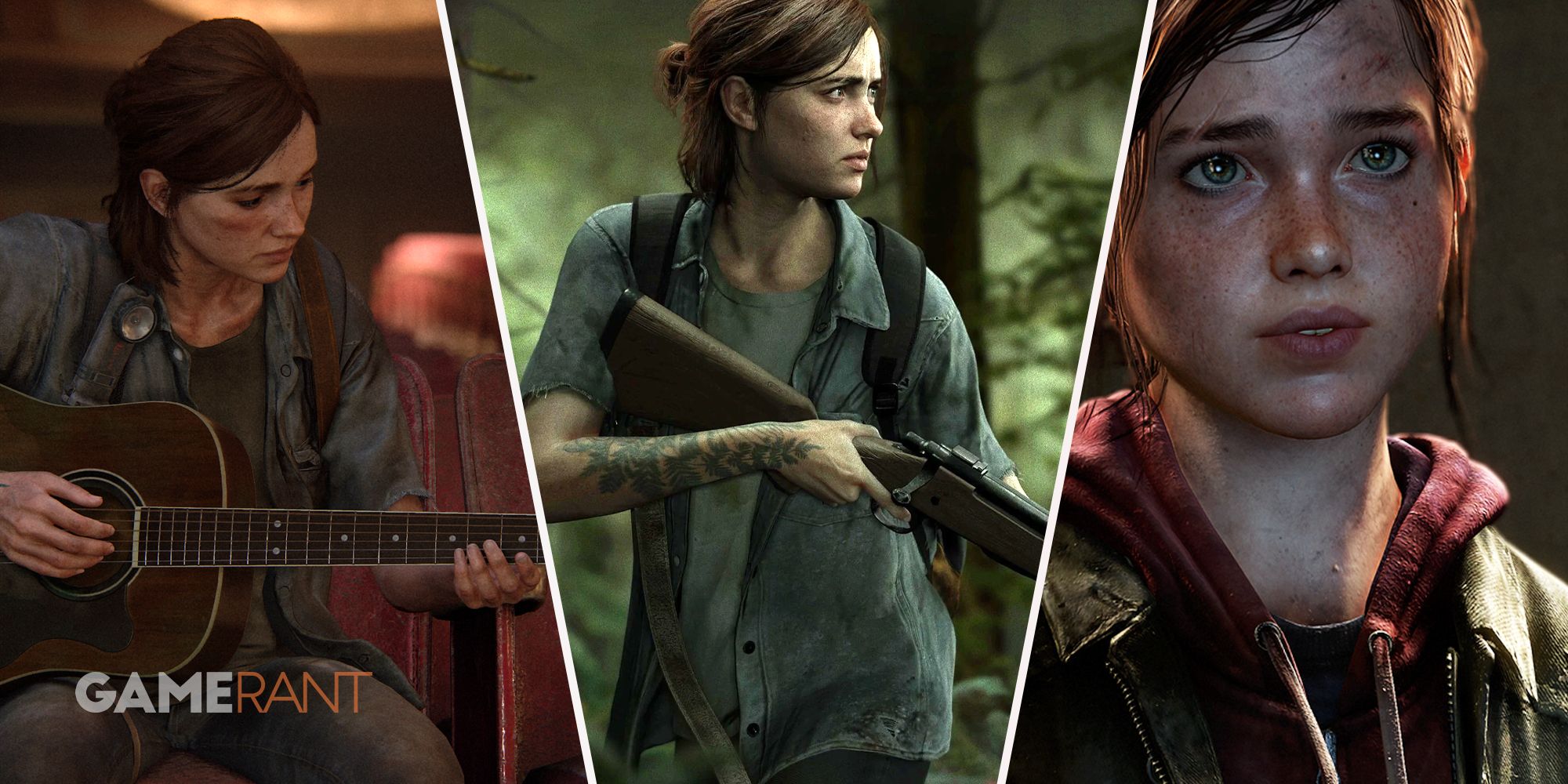 The Last of Us Ellie with guitar on left, Ellie with a rifle in the forest in middle, Ellie younger on right