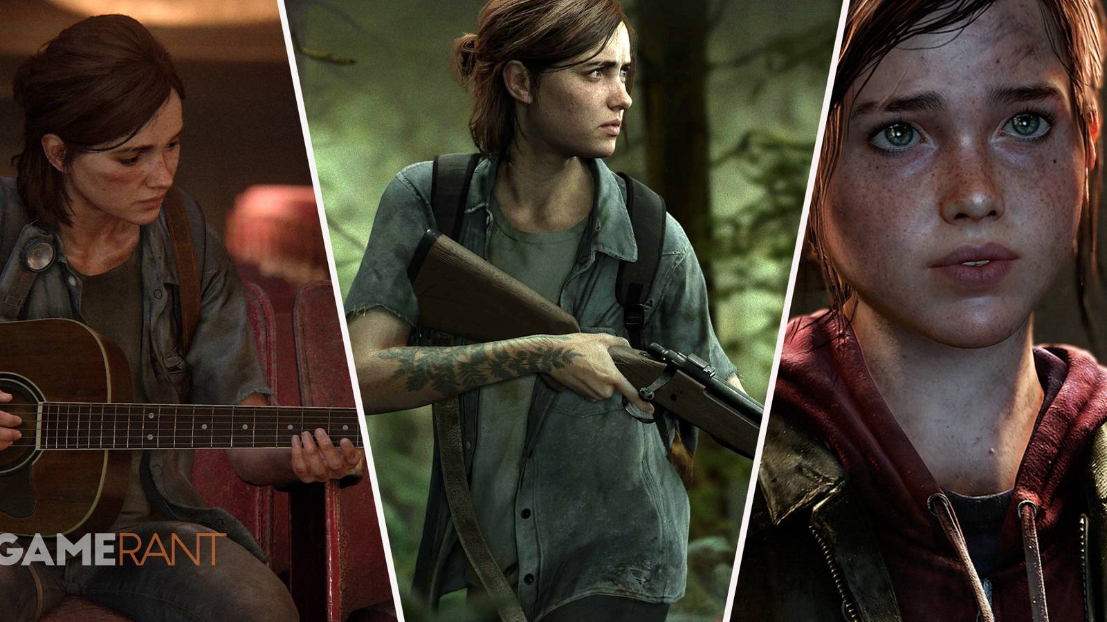The Last of Us Ellie with guitar on left, Ellie with a rifle in the forest in middle, Ellie younger on right