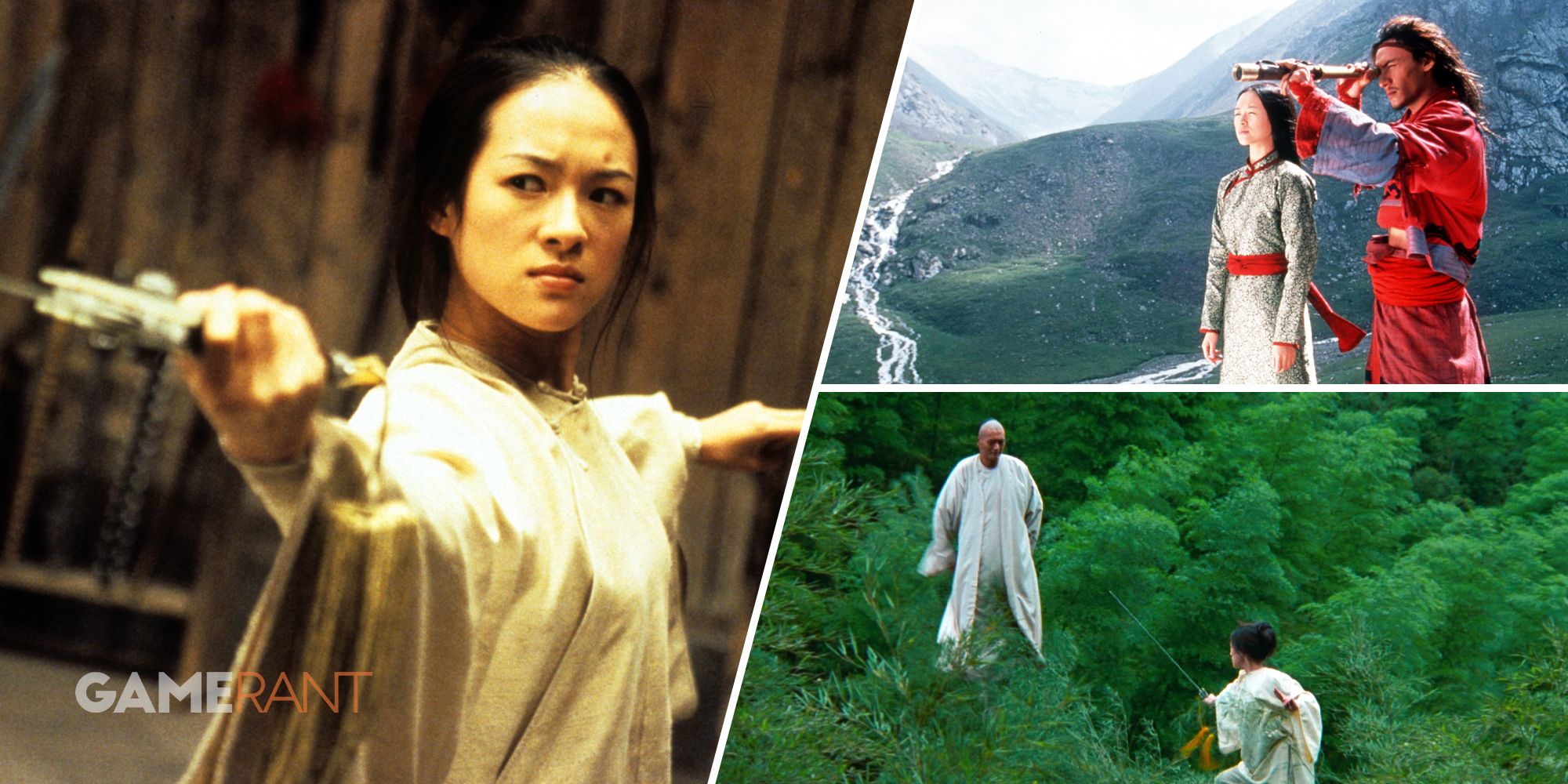 Crouching Tiger, Hidden Dragon Jen Yu holding a sword on left, Jen Yu and Lo 'Dark Cloud looking over the landscape on top right, Master Li Mu Bai and Jen Yu in the iconic fighting scene on bottom right