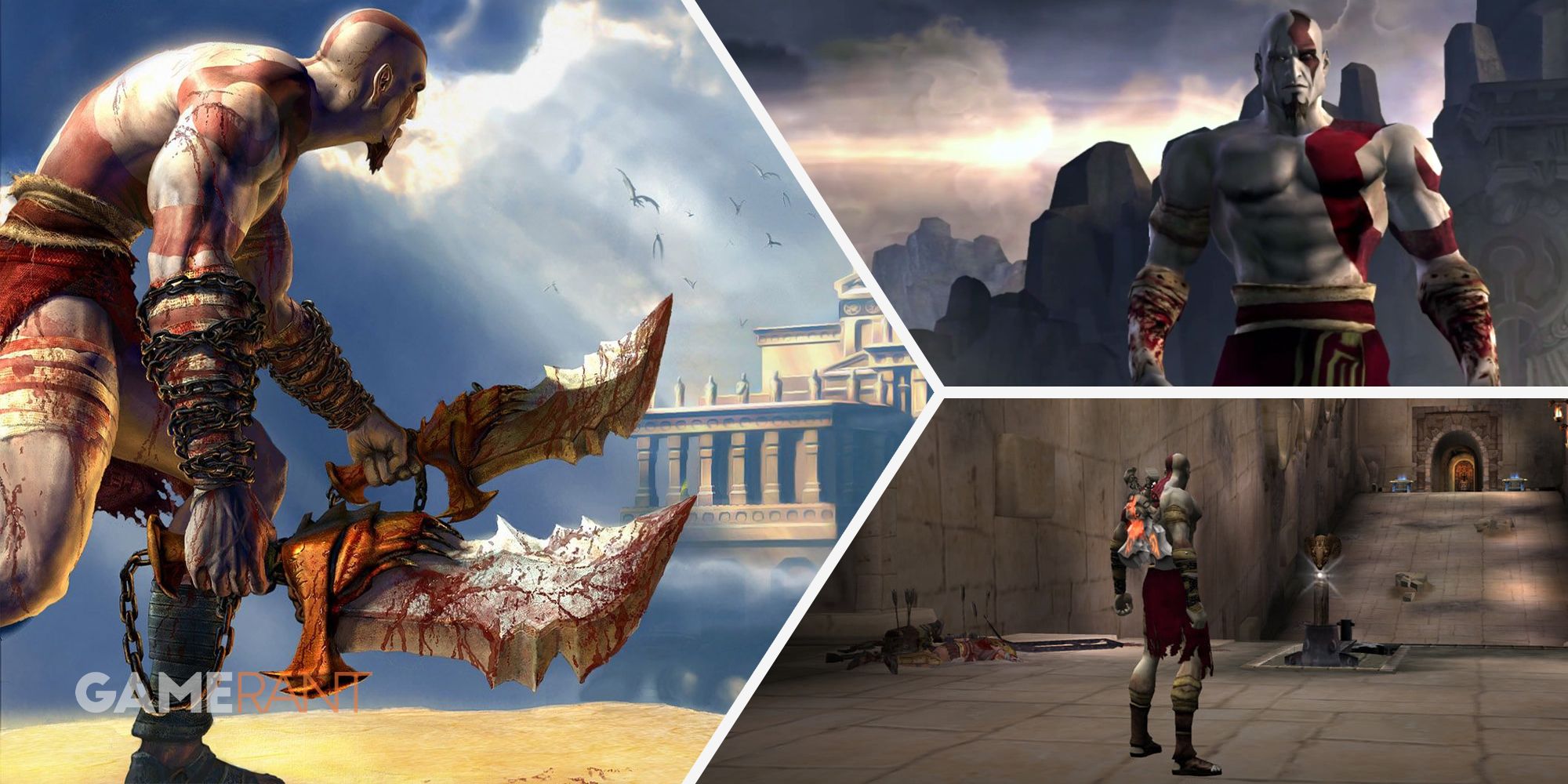 God of War Kratos with dual wield swords on left, Kratos posing on top right, Kratos in God of War screenshot on bottom right