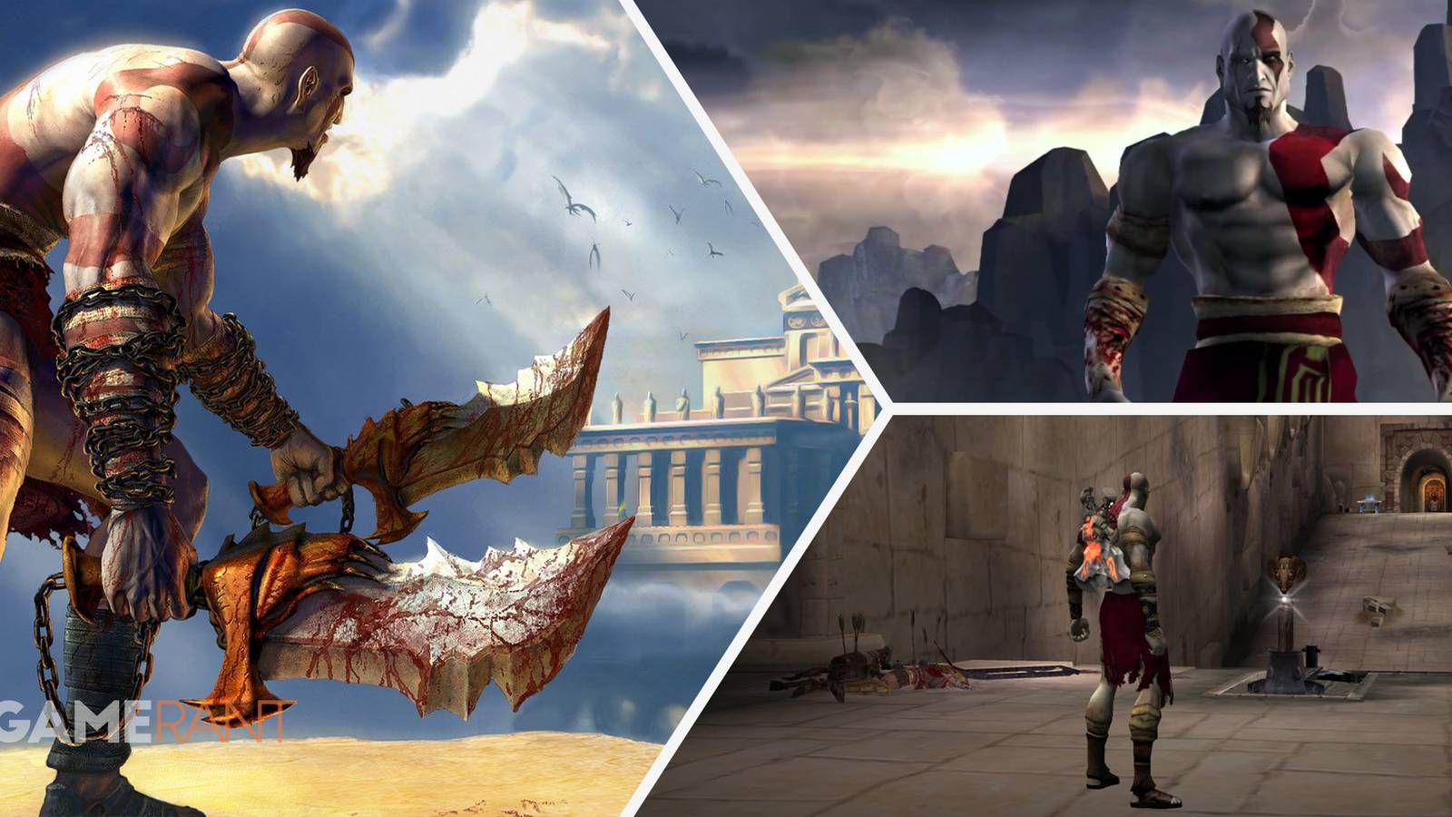 God of War Kratos with dual wield swords on left, Kratos posing on top right, Kratos in God of War screenshot on bottom right