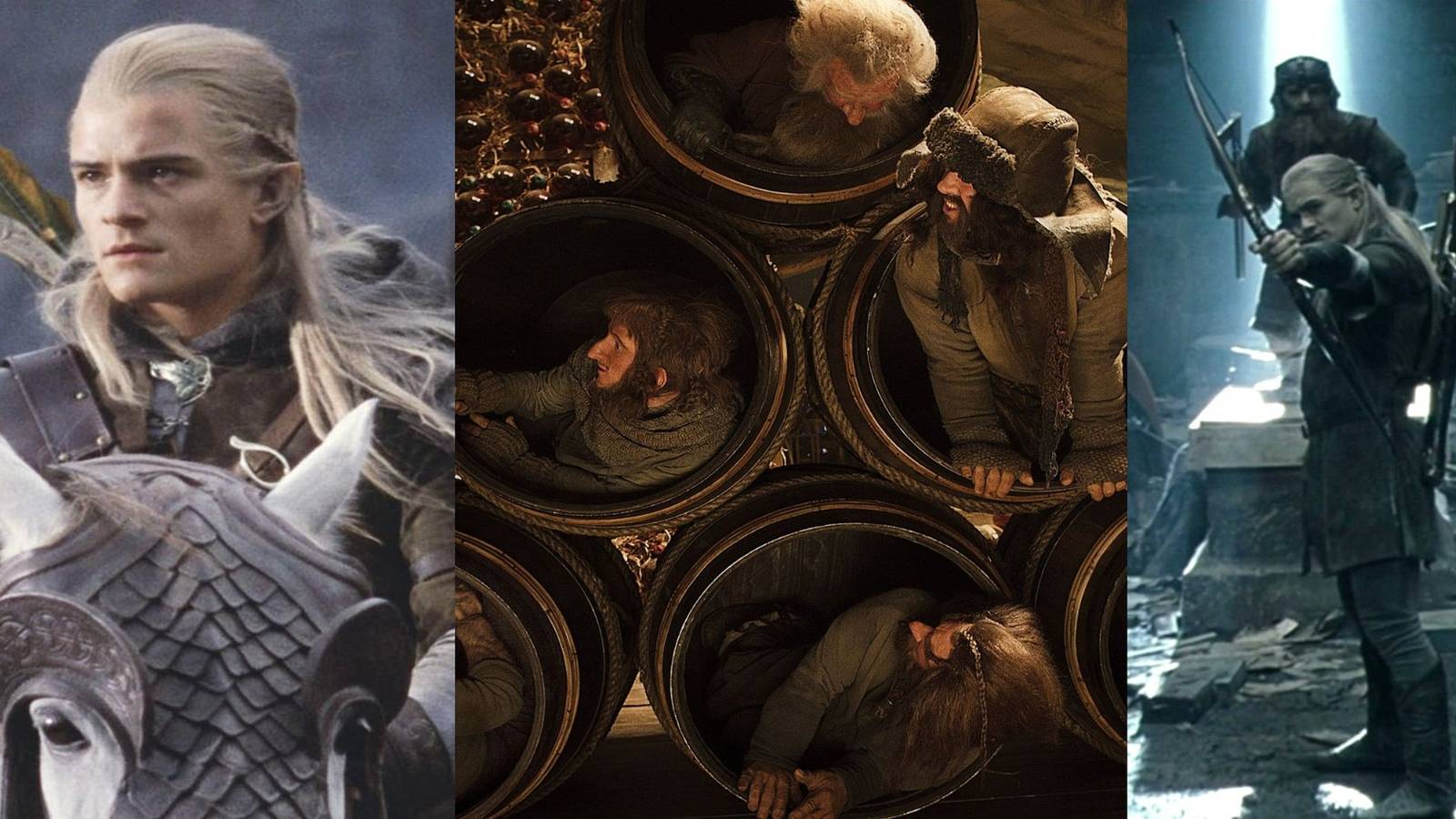left to right: legolas on a horse, wine cellar, Moria