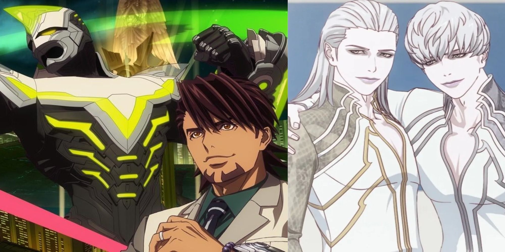 title split image Season Two Tiger & Bunny Tiger with his suit, Mugen and Fugen