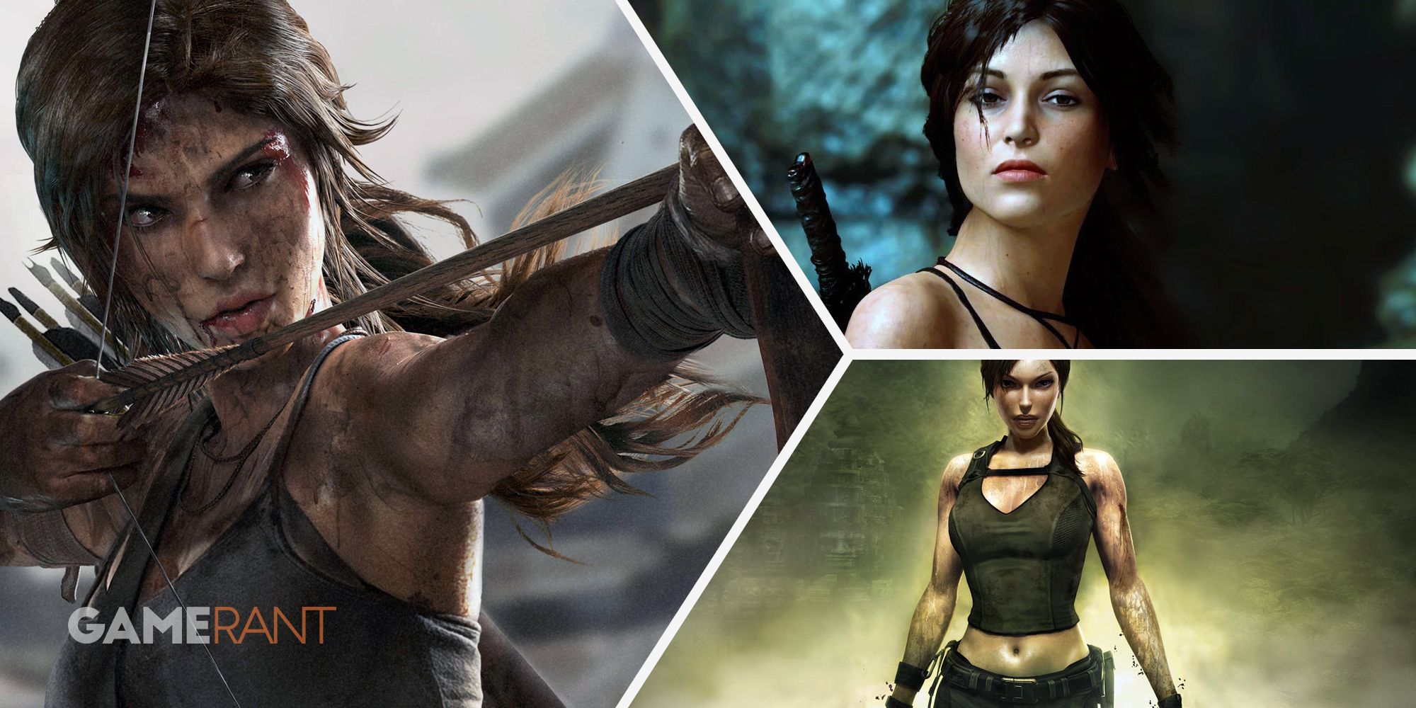 Lara Croft holding a bow and arrow on left, Lara Croft on top right, Lara Croft in Tomb Raider Underworld on bottom right