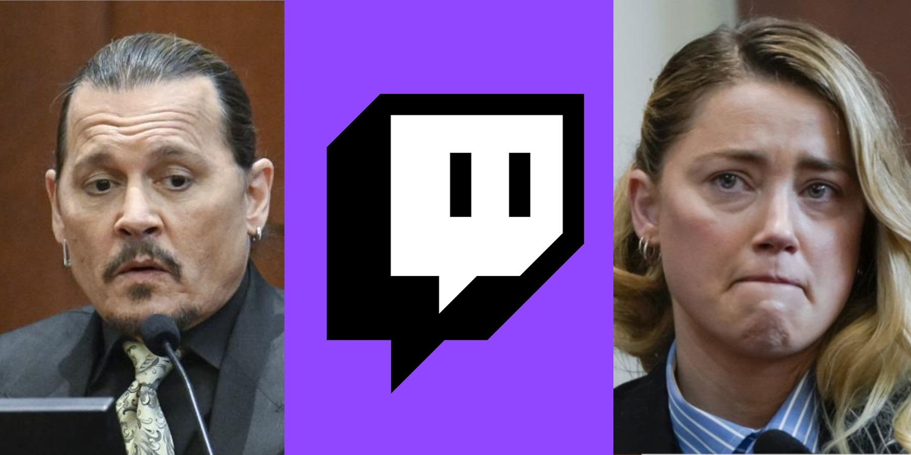 On the left, Johnny Depp behind a courtroom microphone. In the middle, Twitch's Glitch mascot, an angular word bubble whose eyes are two vertical, black lines. On the right, Amber Heard testifying to court.