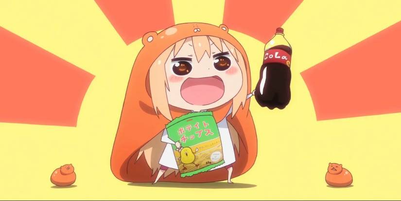 umaru chan in her indoor form with potato chips and cola from the anime Himouto! Umaru-chan